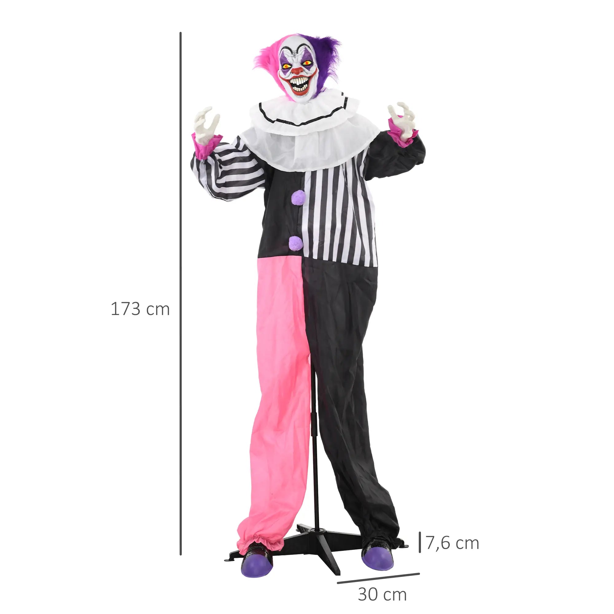Halloween Dekoration Stehender Clown 173cm mit LED-Lichter Soundeffekt, pink und lila