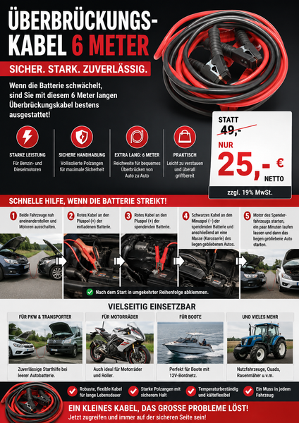 Extra langes 6-Meter-Starthilfekabel – Ideal für jede Panne. Für Pkw, SUV und Transporter