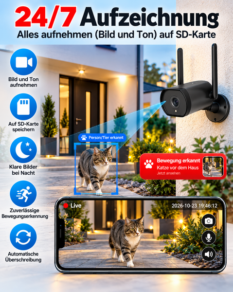 Überwachungskamera mit Einzelbild-Aufnahmen. WO IST MEINE KATZE? (Hund, Kind etc.) – EIN BLICK IN DIE APP, UND DU SIEHST, OB SIE DA WAR!