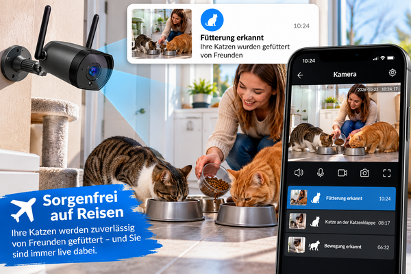 Überwachungskamera mit Einzelbild-Aufnahmen. WO IST MEINE KATZE? (Hund, Kind etc.) – EIN BLICK IN DIE APP, UND DU SIEHST, OB SIE DA WAR!