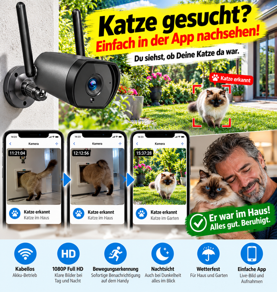 Überwachungskamera mit Einzelbild-Aufnahmen. WO IST MEINE KATZE? (Hund, Kind etc.) – EIN BLICK IN DIE APP, UND DU SIEHST, OB SIE DA WAR!