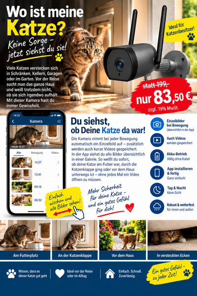 Überwachungskamera mit Einzelbild-Aufnahmen. WO IST MEINE KATZE? (Hund, Kind etc.) – EIN BLICK IN DIE APP, UND DU SIEHST, OB SIE DA WAR!