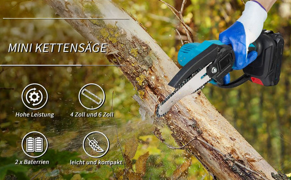 Sonderposten 29,- Euro: Mini-Akku-Kettensäge 4 und 6 Zoll. (2 Ketten-Längen). Inkl. 2 Li-Ion-Akkus und Ladestation.