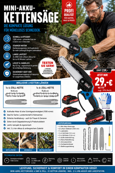 Sonderposten 29,- Euro: Mini-Akku-Kettensäge 4 und 6 Zoll. (2 Ketten-Längen). Inkl. 2 Li-Ion-Akkus und Ladestation.