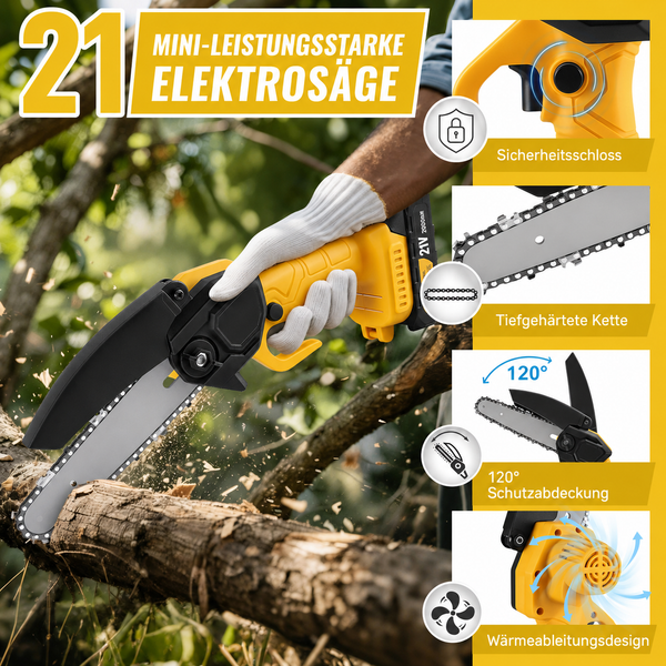 Sonderposten 27,50 Euro: Mini-Akku-Kettensäge 6 Zoll. Inkl. Li-Ion-Akku und Ladestation.