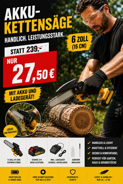 Sonderposten 27,50 Euro: Mini-Akku-Kettensäge 6 Zoll. Inkl. Li-Ion-Akku und Ladestation.