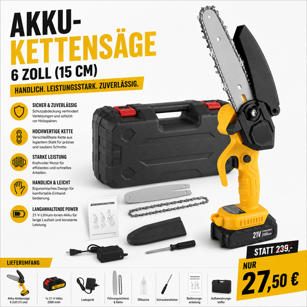 Sonderposten 27,50 Euro: Mini-Akku-Kettensäge 6 Zoll. Inkl. Li-Ion-Akku und Ladestation.
