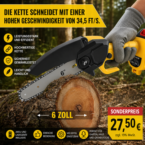 Sonderposten 27,50 Euro: Mini-Akku-Kettensäge 6 Zoll. Inkl. Li-Ion-Akku und Ladestation.