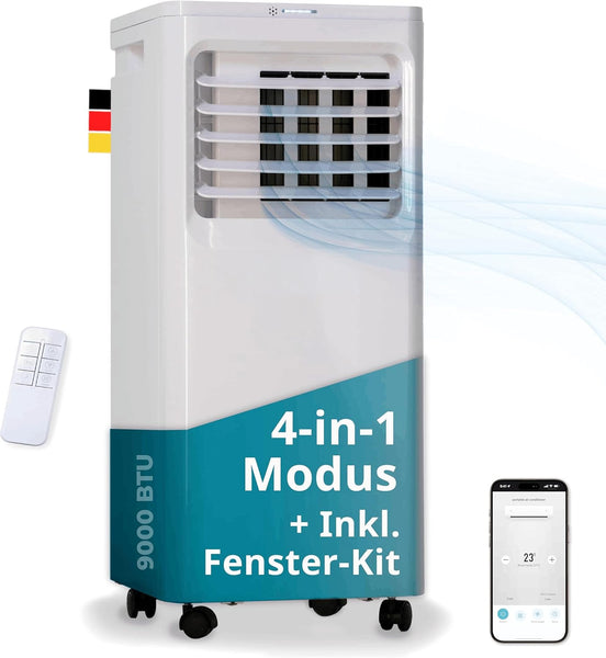 Mobile Klimaanlage 2600 Watt, 9000 BTU, R290. Farbe: Weiß.