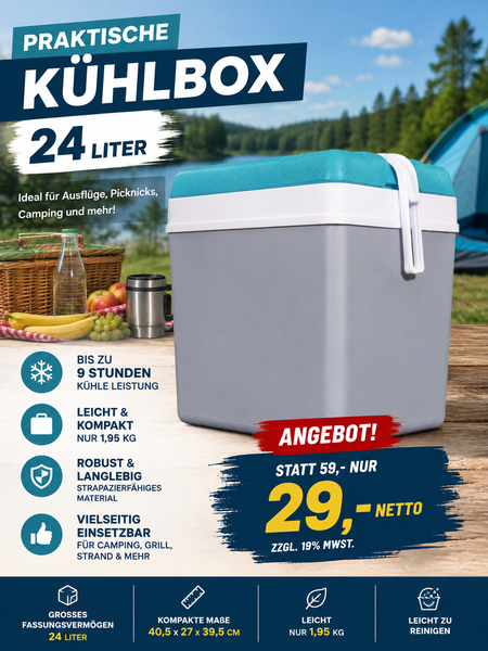 Stabile Kühlbox 24 Liter Inhalt. Für kalte Getränke und alles was man im Sommer braucht.