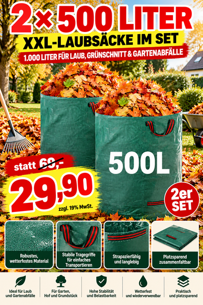 Doppelpack: 2 x 500 Liter Gartenabfallsack XXL. Gartentasche Riesiger Laubsack