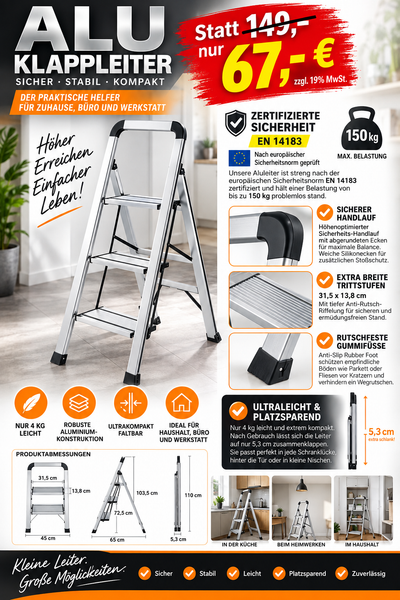 Extra schmale Aluminium-Klappleiter 110 cm. (Nur 5,3 cm Gesamtbreite)