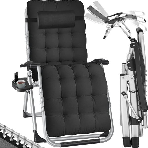 Sonnenliege Luxus klappbar, Liegestuhl, Gartenliege stufenlos verstellbar, Outdoor Sessel für Balkon oder Garten, Liege mit extra Dicker Auflage, Relaxliege belastbar bis 200kg - schwarz oder grau