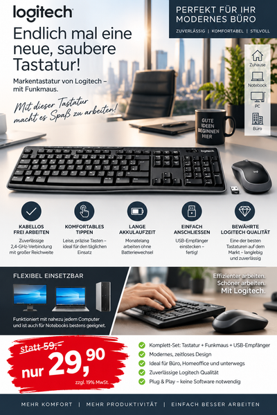 Logitech kabellose Tastatur mit Funkmaus. Eine der besten Marken-Tastaturen der Welt. Und so preiswert!