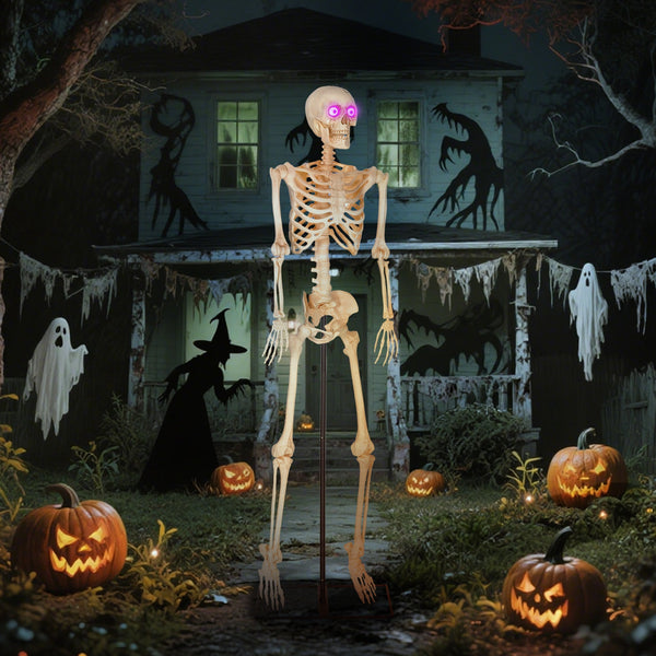 Animierte Halloween-Dekoration – Skelett mit LED-Augen, Sound & Bewegung, 152 cm