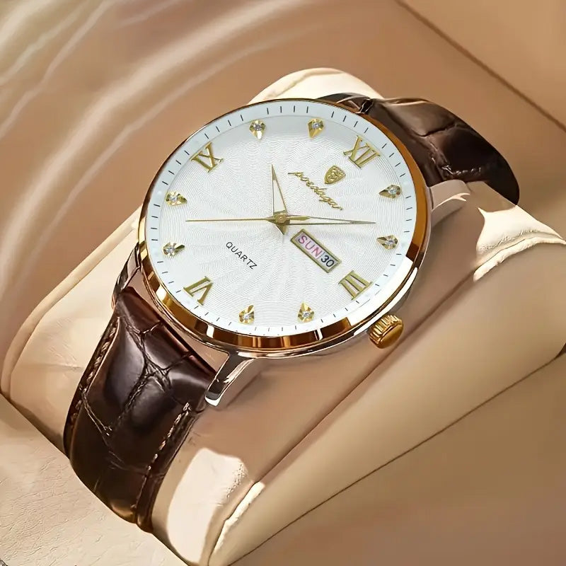 Herren-Armbanduhr extra flaches goldfarbenes Gehäuse mit braunem Leder-Armband.