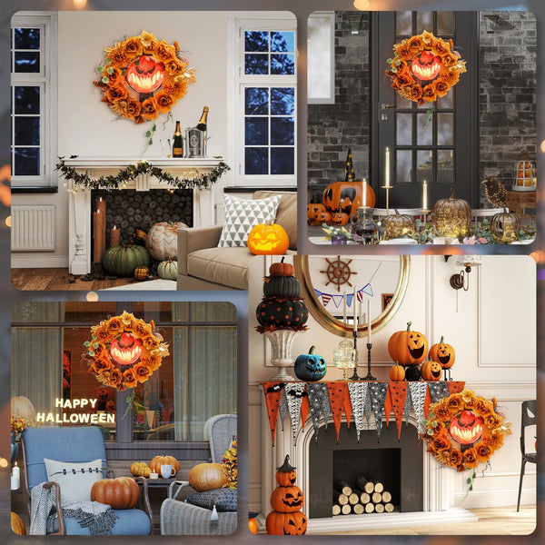 Halloween-Kranz mit Kürbisgesicht & 44 LED-Lichtern – Flackernder Grusel für Tür, Fenster & Kamin, 44 cm
