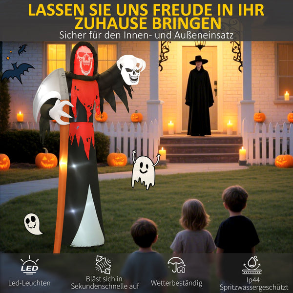 Aufblasbare Halloween-Dekoration –  XXL-Sensenmann mit Sense und Totenkopf, LED beleuchtet, 370 cm