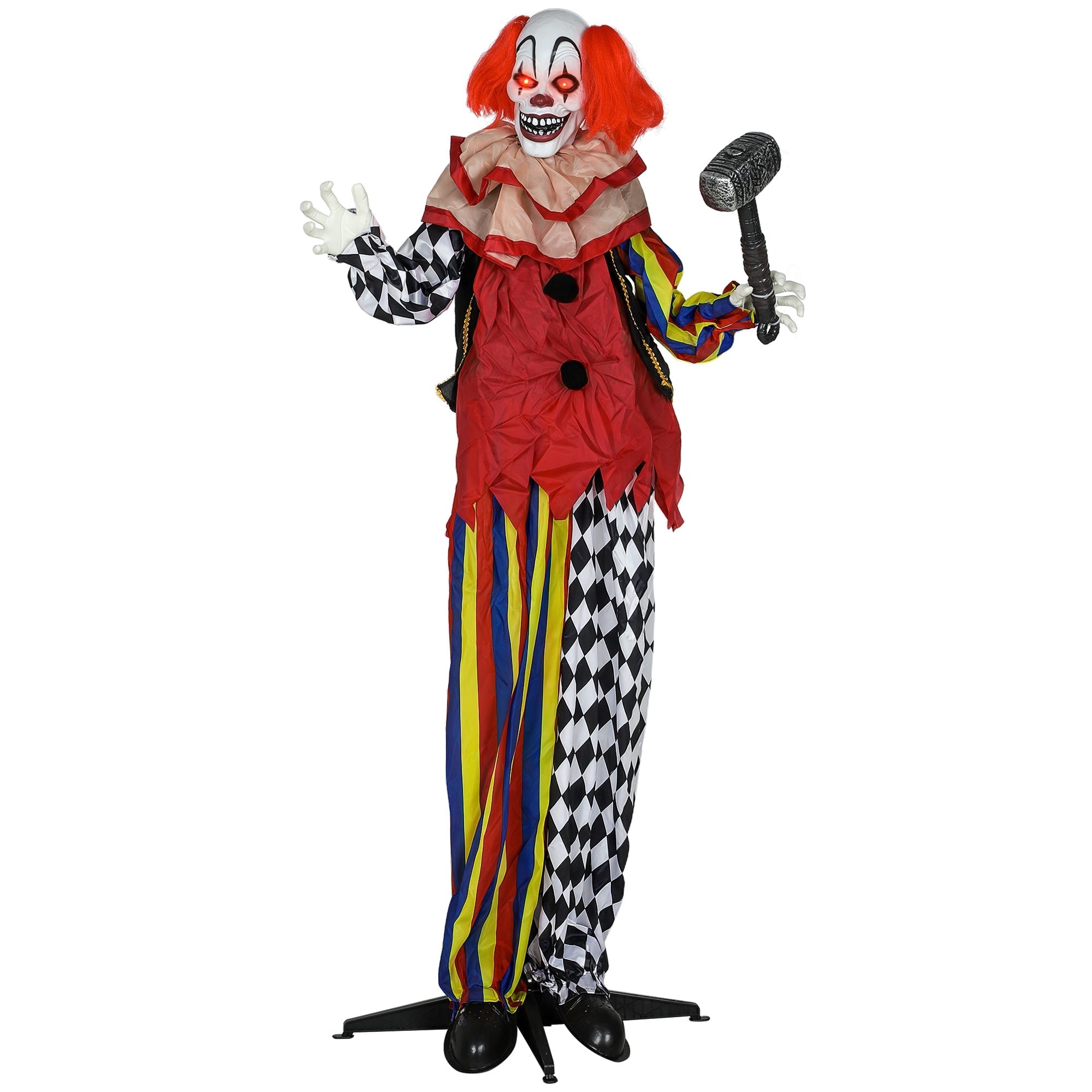 Animierte Halloween-Dekoration – Riesen-Clown mit Hammer, LED-Augen & Sound, 173 cm