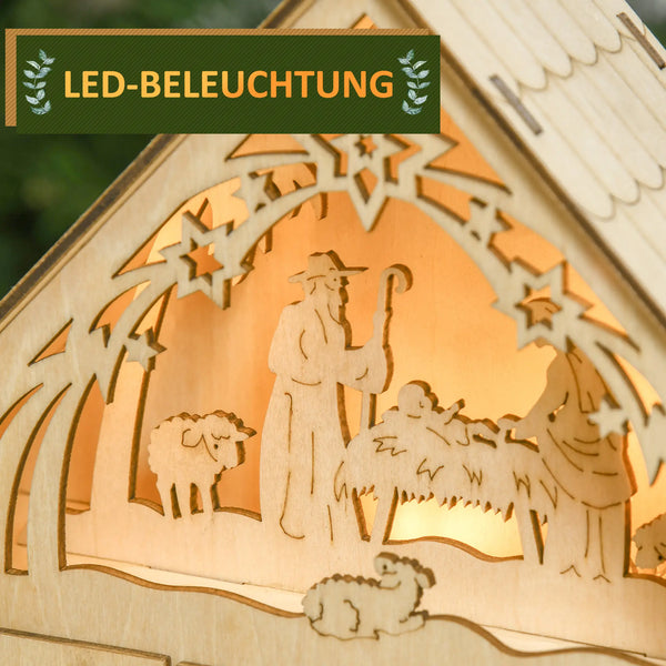 Adventskalender mit LED-Beleuchtung, 24 Schubladen, Krippenszene, 26,6x6x30 cm, Holzoptik