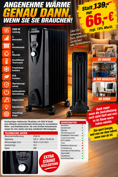 Ölradiator Modell 2026. 2000 Watt – wohlige Wärme genau dann, wenn Sie sie brauchen!