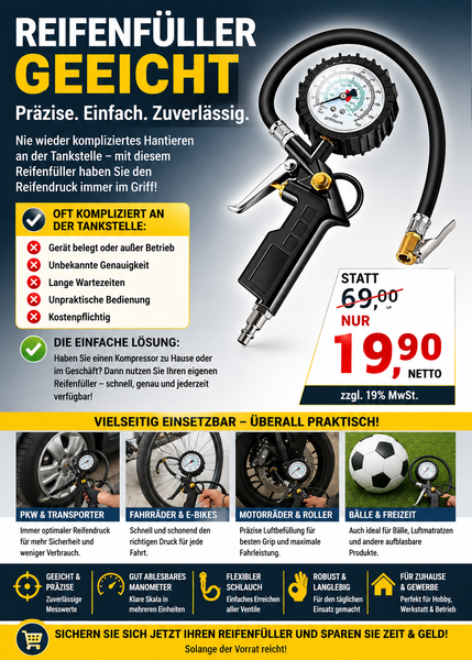 Geeichter Druckluft-Reifenfüller mit 15-bar-Manometer für Pkw, Lkw und Motorrad