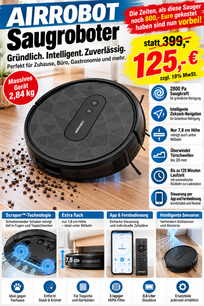Saugroboter – Leistungsstarker 2800 Pa Staubsauger Roboter mit App-Steuerung, HEPA-Filter & Automatischer Navigation für Tierhaare und Teppiche