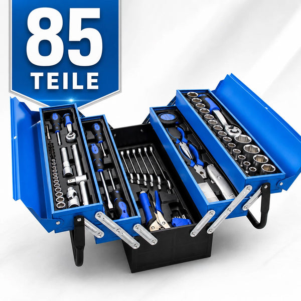 Sonderposten. Blauer 5-lagiger Vollmetall-Werkzeugkoffer: 85-teiliges Premium Werkzeugset in Klappkiste
