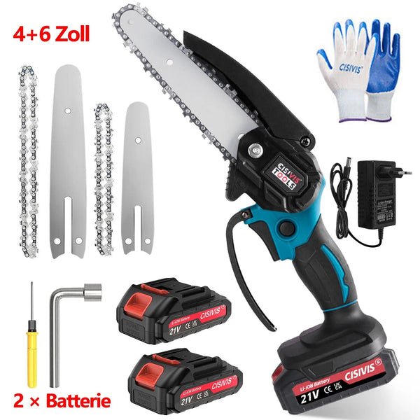 Sonderposten 29,- Euro: Mini-Akku-Kettensäge 4 und 6 Zoll. (2 Ketten-Längen). Inkl. 2 Li-Ion-Akkus und Ladestation.