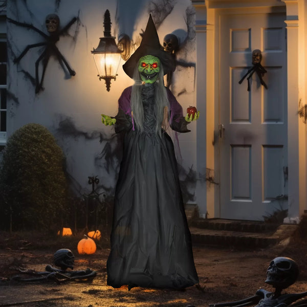 Halloween-Hexe 180 cm mit Gruselkopf, LED-Lichter, Soundfunktion