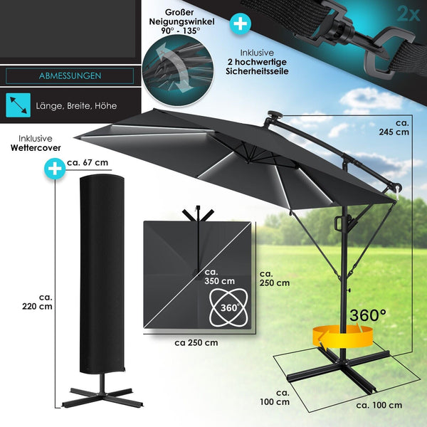 Ampelschirm 250cm x 250cm Sonnenschirm rechteckig. Inkl. Abdeckung + Windsicherung mit Kurbelvorrichtung Aluminium