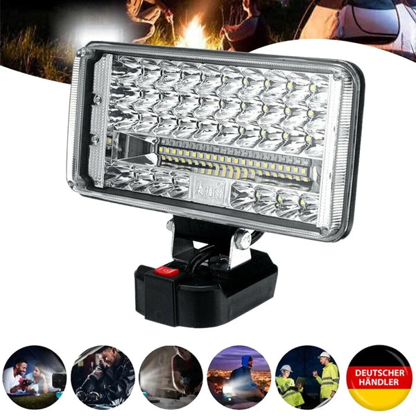 Extrem helle professionelle Akku-LED-Arbeitsleuchte 7 Zoll – 59 LEDs / 180 W. Passend zu unseren Akkus.