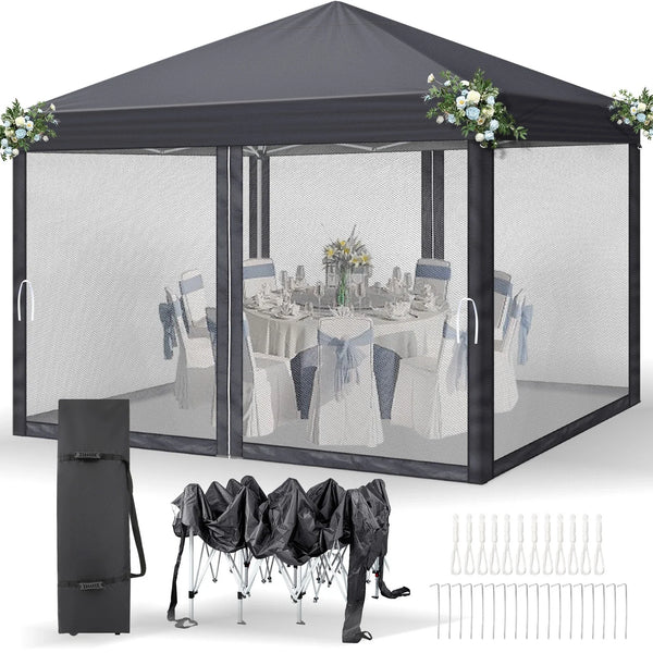 Faltpavillon 3 x 3 m Pop-Up – Partyzelt, Eventzelt & Gartenzelt mit 4 Moskitonetzen in Grau, Blau oder beige