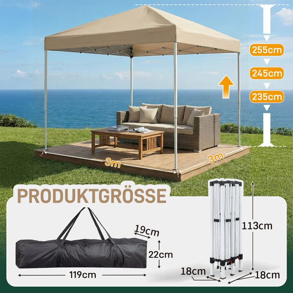 Faltpavillon 3 x 3 m Pop-Up – Partyzelt, Eventzelt & Gartenzelt mit 4 Moskitonetzen in Grau, Blau oder beige