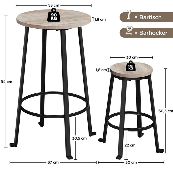 Barhocker 2er Set mit Bar-Tisch im Industriestil. Holz und Metall.