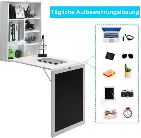 Wandklapptisch Bartisch Schreibtisch Computertisch klappbar mit Tafel. Schwarz oder weiß. (Weiß mit Kreidetafel)