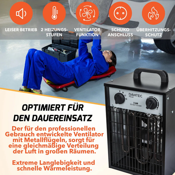 Elektrischer 3000 Watt Heizlüfter 2 Heizstufen schwarzes Gehäuse. Thermostat.