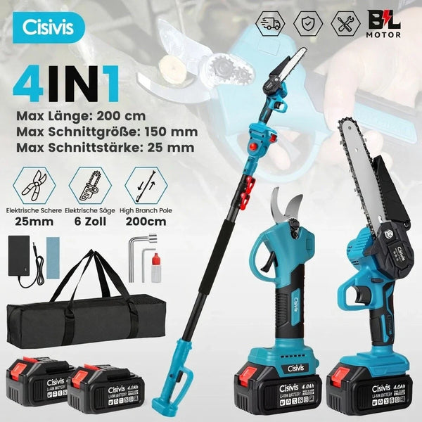 Akku Hoch-Astschneider und Astsäge 4-in-1 mit Kettensäge, Astschere & Teleskopstiel – 600W