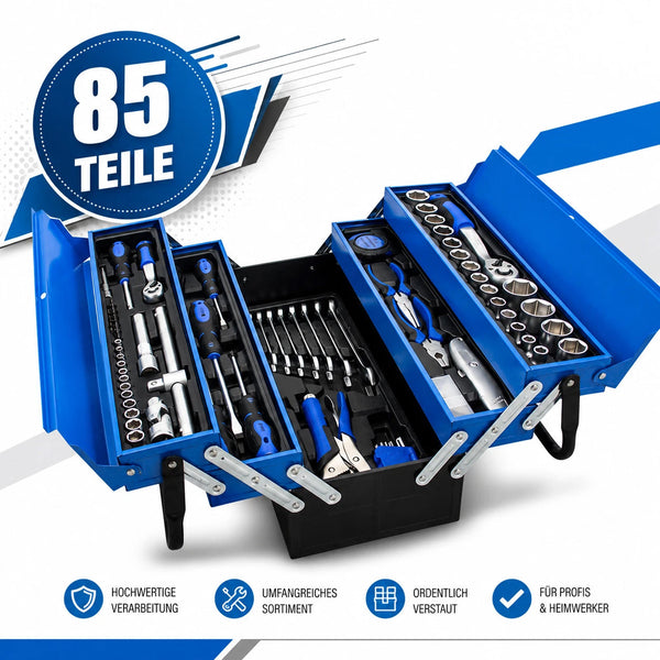 Sonderposten. Blauer 5-lagiger Vollmetall-Werkzeugkoffer: 85-teiliges Premium Werkzeugset in Klappkiste