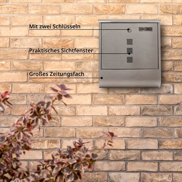 Sonderposten: Briefkasten mit Namensschild. Mit Zeitungsfach & Sichtfenstern. Weite Einwurföffnung. Edelstahl, anthrazit oder weiß