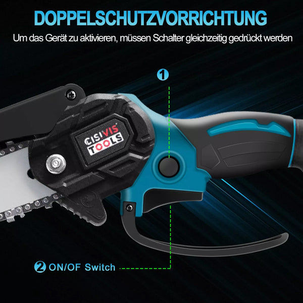 Sonderposten 29,- Euro: Mini-Akku-Kettensäge 4 und 6 Zoll. (2 Ketten-Längen). Inkl. 2 Li-Ion-Akkus und Ladestation.