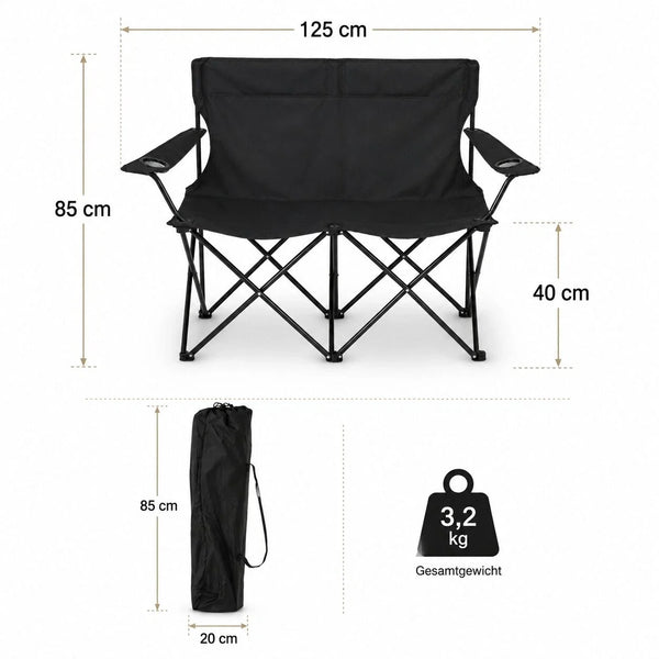 Campingsofa faltbar Camping Bank schwarz. Faltbar für 2 Personen. Nur 3,2 Kg. Immer dabei.