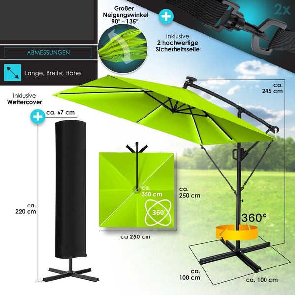 Ampelschirm 250cm x 250cm Sonnenschirm rechteckig. Inkl. Abdeckung + Windsicherung mit Kurbelvorrichtung Aluminium