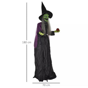 Halloween-Hexe 180 cm mit Gruselkopf, LED-Lichter, Soundfunktion