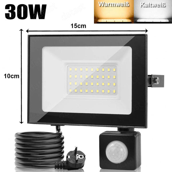 Neues LED Sicherheit Flutlicht Strahler mit Bewegungsmelder (Sensor) und Stecker zum direkten Anschließen. Lichtfarbe helles weiß. 30-100 Watt