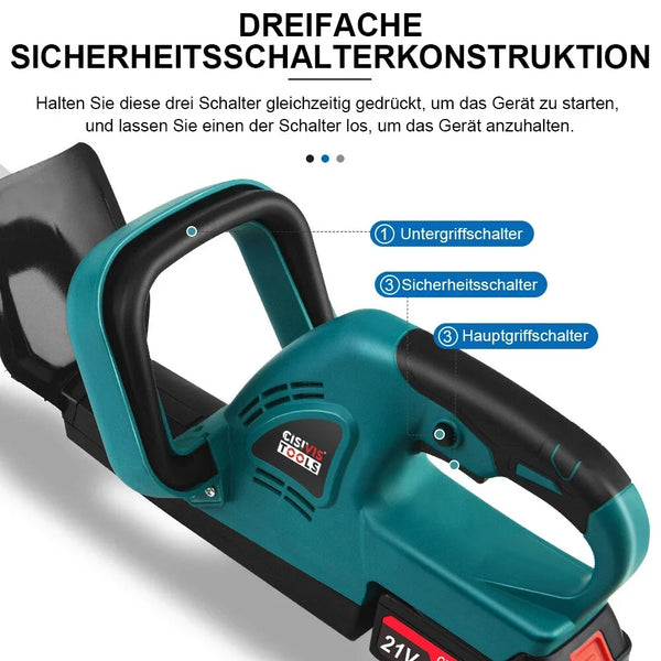 Sonderposten: Leistungsstarke Akku-Heckenschere. Inkl. 2 Akkus und Ladegerät.