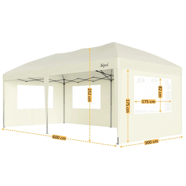 Faltpavillon 3 x 6 m – Pop-Up Pavillon inklusive Tragetasche. Sonnenschutz und leichter Regen. Mit 6 Seitenteilen.