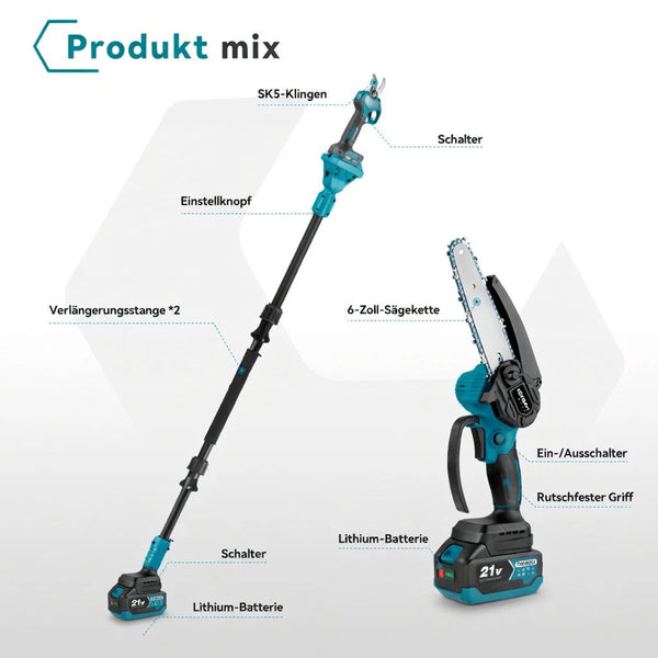 Akku Hoch-Astschneider und Astsäge 4-in-1 mit Kettensäge, Astschere & Teleskopstiel – 600W