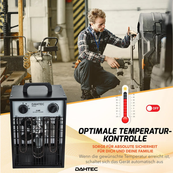 Elektrischer 3000 Watt Heizlüfter 2 Heizstufen schwarzes Gehäuse. Thermostat.