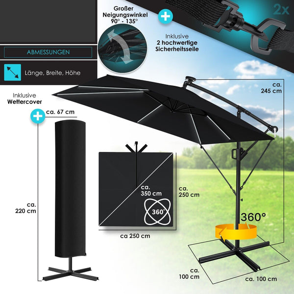 Ampelschirm 250cm x 250cm Sonnenschirm rechteckig. Inkl. Abdeckung + Windsicherung mit Kurbelvorrichtung Aluminium